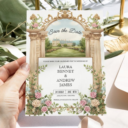 Romantischer Garten Schloss Blumenstrauß Save the Einladung