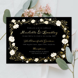 Romantischer Garten: Schwarze und goldene Hochzeit Folieneinladung