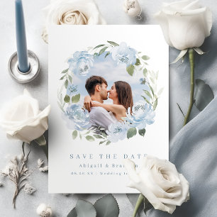 Romantischer Garten staubblauer Blumen-Hochzeitsfo Save The Date
