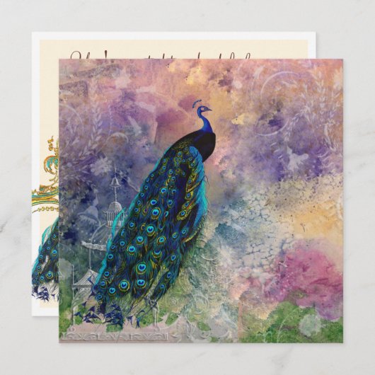 Romantischer Gazebo Pfau und Wasserfarbe Einladung (Vorne/Hinten)