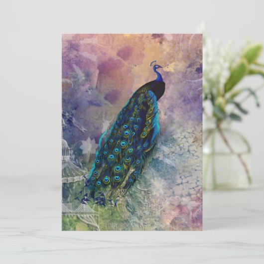 Romantischer Gazebo Pfau und Wasserfarbe Einladung (Stehend Vorderseite)