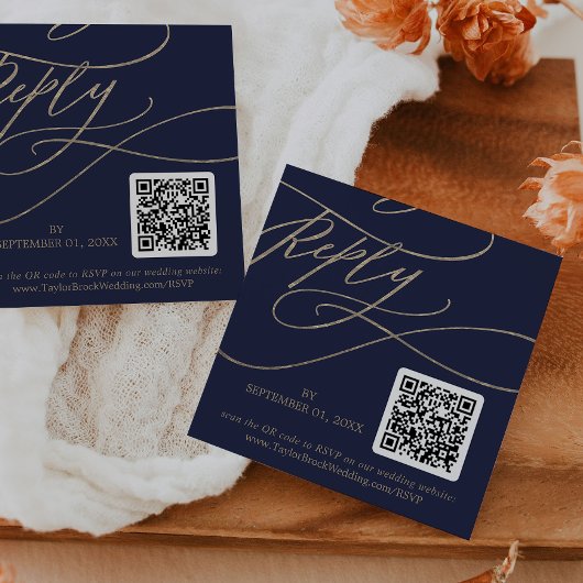 Romantischer Gold- und Navy-QR-Code Hochzeit RSVP Begleitkarte