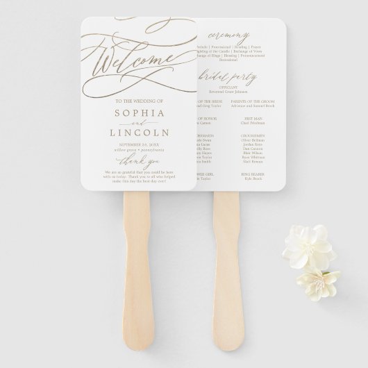 Romantischer Goldkalligrafie-Hochzeitsfan Fächer (Vorne und Hinten)