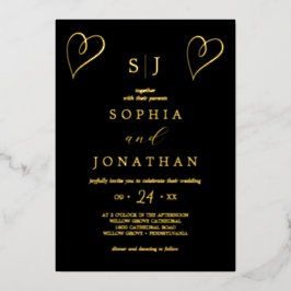 Romantischer Goldschmied | Black Monogram Wedding Folieneinladung