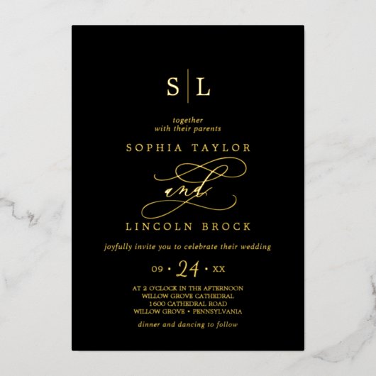 Romantischer Goldschmied | Black Monogram Wedding Folieneinladung (Vorderseite)