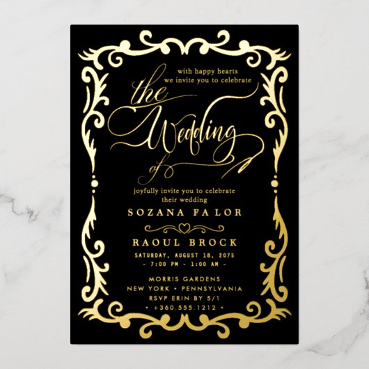 Romantischer Goldschmied | Blue Frame Wedding Folieneinladung (Vorderseite)