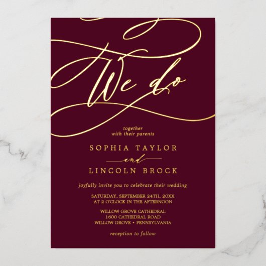 Romantischer Goldschmied | Burgund wir Hochzeit Folieneinladung (Vorderseite)