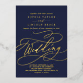 Romantischer Goldschmied | Navy Blue Blüh Wedding Folieneinladung (Vorderseite)