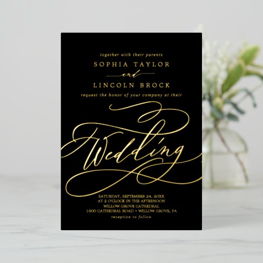 Romantischer Goldschmied | Schwarz-Blüh-Hochzeit Folieneinladung (Stehend vorne)
