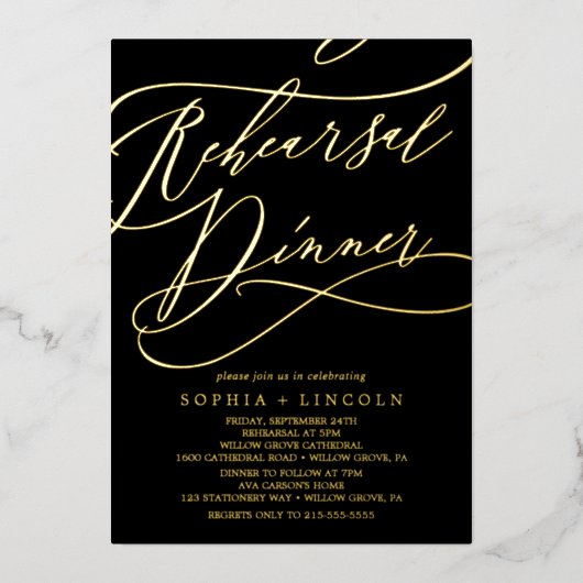 Romantischer Goldschmied | Schwarze Probe Abendess Folieneinladung (Vorderseite)