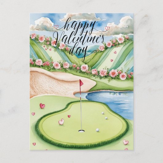 Romantischer Golfplatz mit Rose - Aquarell Postkarte (Vorderseite)