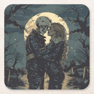 Romantischer gotischer Cartoon eines Skeletts und  Rechteckiger Pappuntersetzer