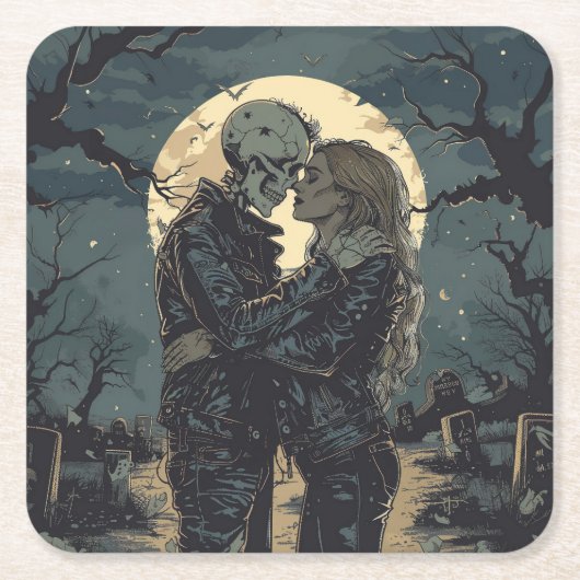 Romantischer gotischer Cartoon eines Skeletts und Rechteckiger Pappuntersetzer (Vorderseite)