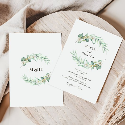Romantischer Grünkränze-Monogramm-Hochzeit Einladung