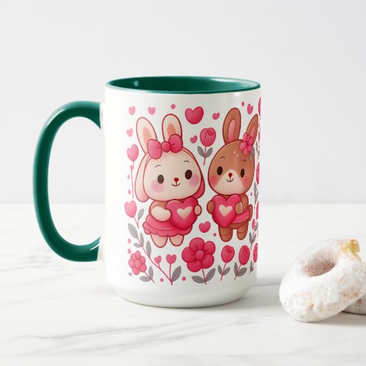 Romantischer Hasen-Paar-Herz-Keramikbecher Tasse (Mit Donut)