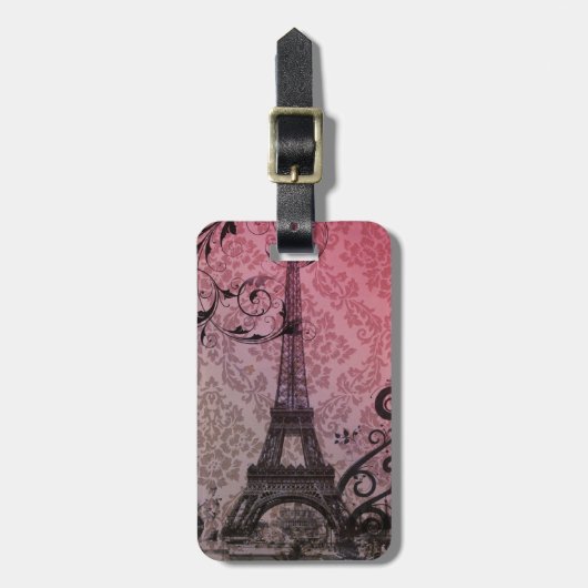 Romantischer Herbstrosa Damast Paris Eiffelturm Gepäckanhänger (Vorderseite vertikal)