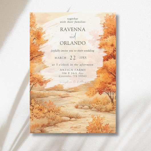Romantischer Herbstwaldweg Blätter fallen Hochzeit Einladung