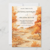Romantischer Herbstwaldweg Blätter fallen Hochzeit Save The Date (Vorderseite)