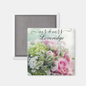 Romantischer Herr & Mrs. Pink Rose Floral Wedding Magnet (Vorderseite/Rückseite)