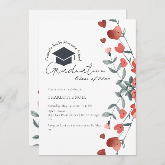 Romantischer Herzblütenfrühling Abschluss Einladung (Vorne/Hinten)