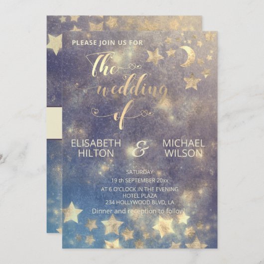 Romantischer Himmelsmond und Sternenkalligraphie G Einladung (Vorne/Hinten)