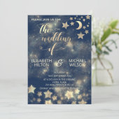Romantischer Himmelsmond und Sternenkalligraphie G Einladung (Stehend Vorderseite)