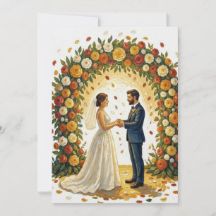 Romantischer Hochzeitsbogen mit goldenen Rosen für Einladung