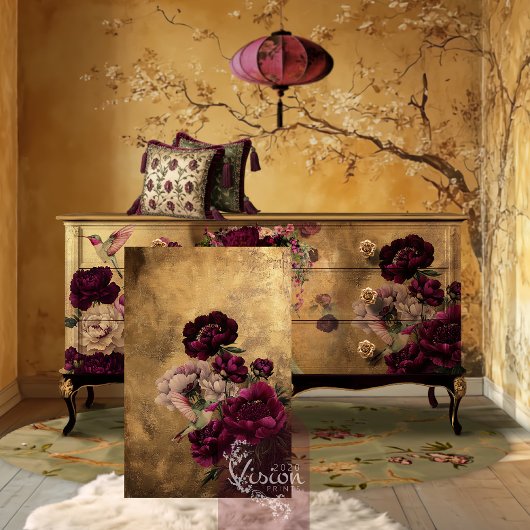 Romantischer Hummingbird & Burgund Floral auf Gold Seidenpapier