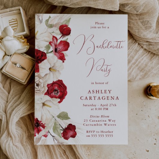 Romantischer Junggeselinnen-Abschied in Weiß und R Einladung