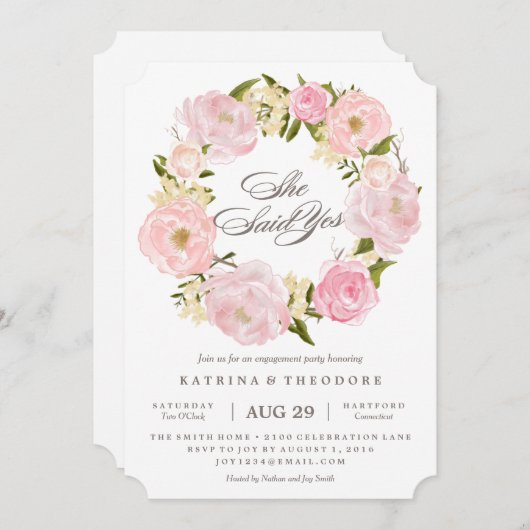 Romantischer Kranz sagte sie ja Verlobung Einladun Einladung (Vorne/Hinten)