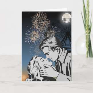 Romantischer Kuss unter Feuerwerk Grußkarte Karte