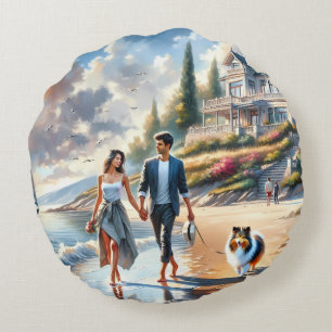 Romantischer Küsten-Cottage-Sonnenuntergangsspazie Rundes Kissen