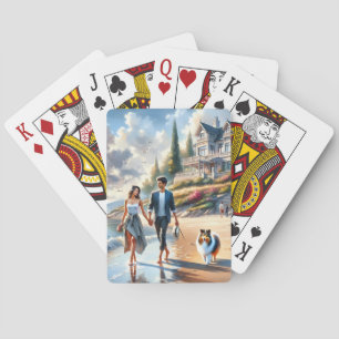 Romantischer Küsten-Cottage-Sonnenuntergangsspazie Spielkarten