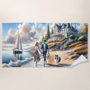 Romantischer Küsten-Cottage-Sonnenuntergangsspazie Strandtuch