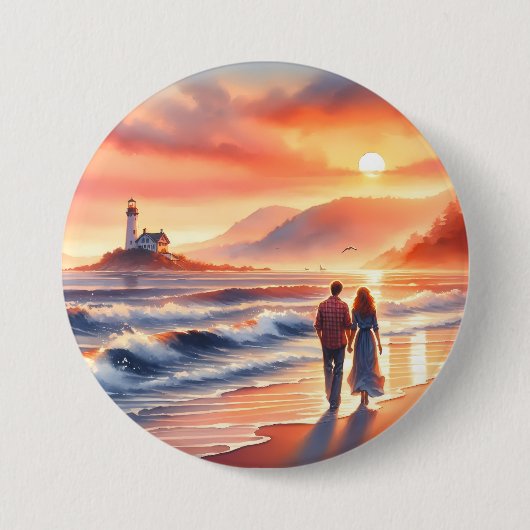 Romantischer Küsten-Sonnenuntergang-Leuchtturm-Spa Button (Vorderseite)