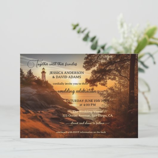 Romantischer KüstenLeuchtturm QR Code Hochzeit Einladung (Stehend Vorderseite)