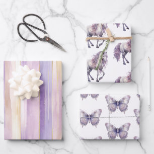 Romantischer Lavendel Weißes Pferd Streifen Geburt Geschenkpapier Set