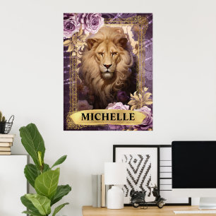 Romantischer lila Löwe und Rosen Fantasy Poster
