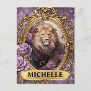 Romantischer lila Löwe und Rosen Fantasy Postkarte