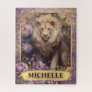 Romantischer lila Löwe und Rosen Fantasy Puzzle