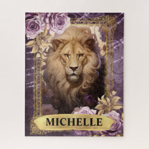 Romantischer lila Löwe und Rosen Fantasy Puzzle