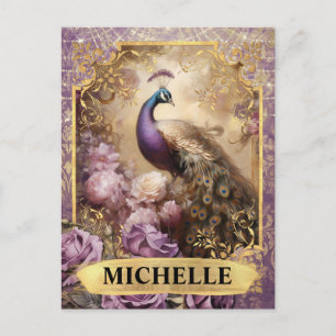 Romantischer lila Pfau und Rosen Fantasy Postkarte