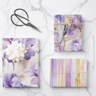 Romantischer lila-weißer Iris-Blumen-Brautstrauß Geschenkpapier Set