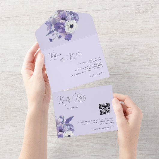 Romantischer Lilac Lavender Floral Qr Code Hochzei All In One Einladung (Abreißen)