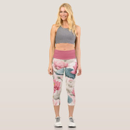 Romantischer Lotus in Rosa, Creme und Weich Grün Capri Leggings