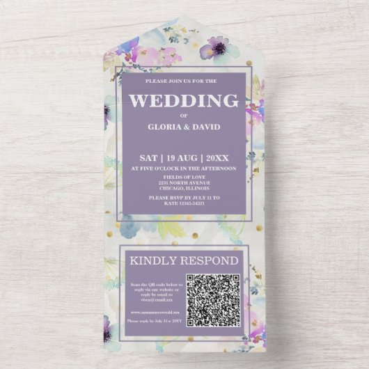 Romantischer Mauve Floral QR-Code All In One Einladung (Innen)