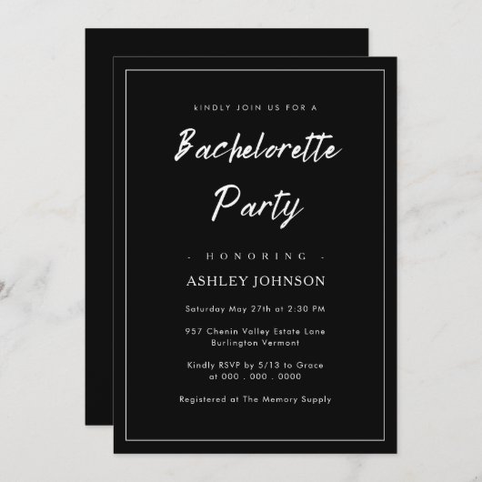 Romantischer Minimal Script Black Junggeselinnen-A Einladung (Vorne/Hinten)