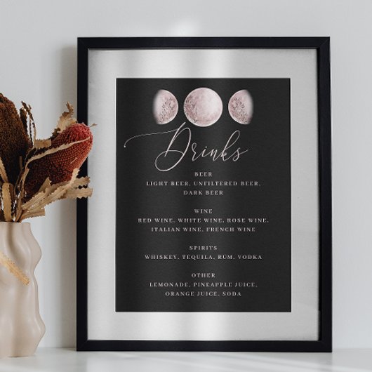 Romantischer Mond | Black Wedding Bar Drinks Menu Poster