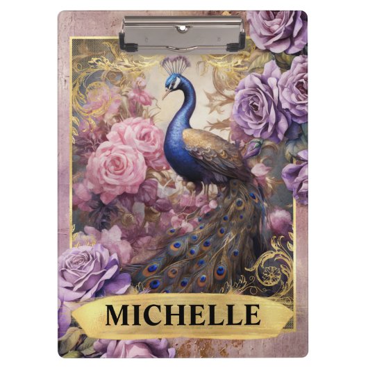 Romantischer Pfau und Lila Rose Fantasie Klemmbrett (Vorderseite)