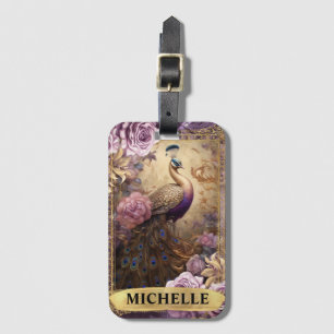 Romantischer Pfau und lila Rosen Fantasy Gepäckanhänger